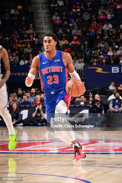 Jaden Ivey of the Detroit Pistons handles the ball during the game against the Orlando Magic on February 4, 2024 at Little Caesars Arena in Detroit,...