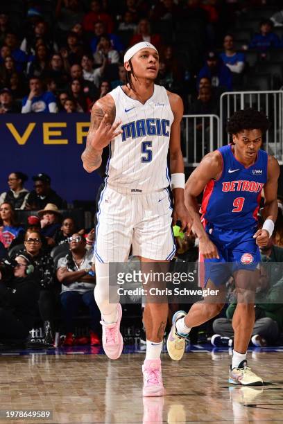 Paolo Banchero of the Orlando Magic celebrates during the game against the Detroit Pistons on February 4, 2024 at Little Caesars Arena in Detroit,...