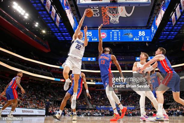 Franz Wagner of the Orlando Magic drives to the basket during the game against the Detroit Pistons on February 4, 2024 at Little Caesars Arena in...