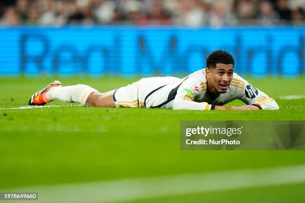 Jude Bellingham central midfield of Real Madrid and England reacts during the LaLiga EA Sports match between Real Madrid CF and Atletico Madrid at...