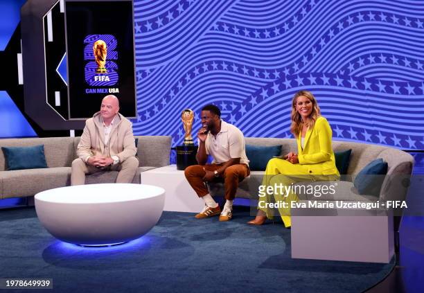 President Gianni Infantino, Kevin Hart and Presenter Jenny Taft during the FIFA World Cup 2026 Match Schedule announcement on February 4, 2024 in...