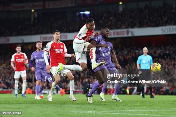 Gabriel of Arsenal comes close with a shot during the Premier League match between Arsenal FC and Liverpool FC at Emirates Stadium on February 4,...