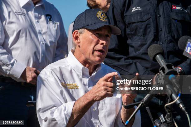 Texas Governor Greg Abbott holds a press conference at Shelby Park in Eagle Pass, Texas, on February 4, 2024. Eagle Pass, about 20 miles from...