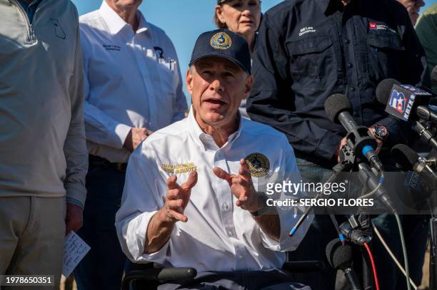 Texas Governor Greg Abbott holds a press conference at Shelby Park in Eagle Pass, Texas, on February 4, 2024. Eagle Pass, about 20 miles from...