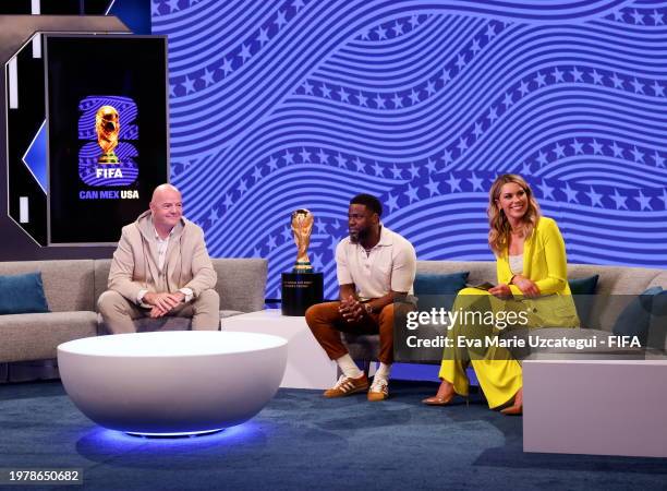 President Gianni Infantino, Kevin Hart and Presenter Jenny Taft during the FIFA World Cup 2026 Match Schedule announcement on February 4, 2024 in...