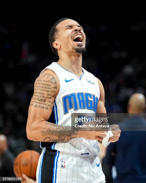 Cole Anthony of the Orlando Magic reacts against the Detroit Pistons during the fourth quarter at Little Caesars Arena on February 04, 2024 in...