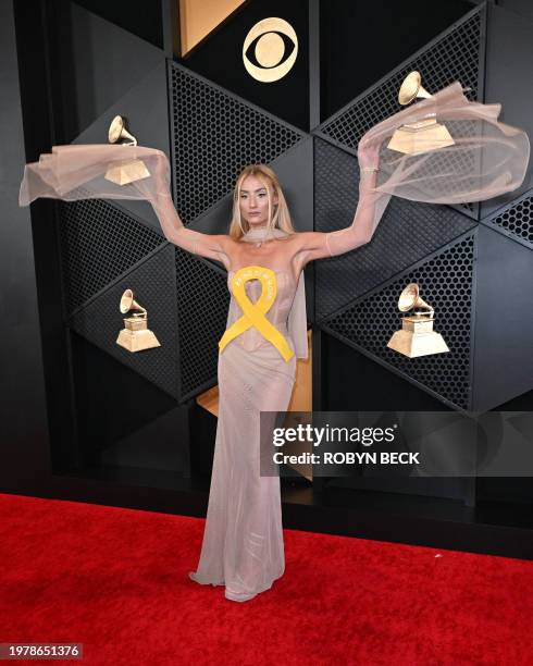 Singer Montana Tucker arrives for the 66th Annual Grammy Awards at the Crypto.com Arena in Los Angeles on February 4, 2024.