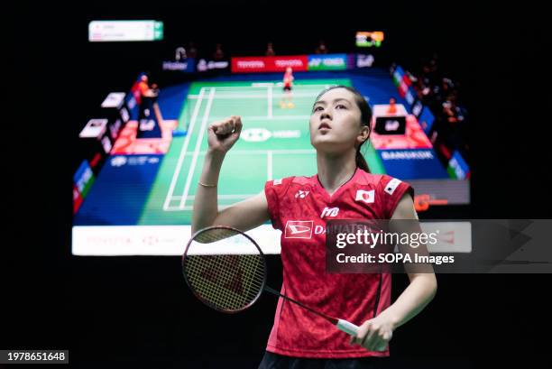 Aya Ohori of Japan celebrates during the Badminton Women's single final match in the Princess Sirivannavari Thailand Masters 2024 at Nimibutr...