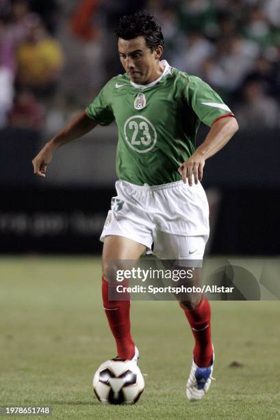 Luis Ernesto Perez of Mexico on the ball during the Concacaf Gold Cup match between South Africa and Mexico at Home Depot Center on July 8, 2005 in...