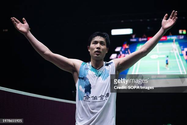 Chou Tien Chen of Chinese Taipei celebrates during the Badminton Men's single final match in the Princess Sirivannavari Thailand Masters 2024 at...