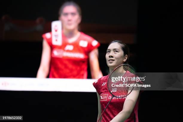 Aya Ohori of Japan plays against Supanida Katethong of Thailand during the Badminton Women's single final match in the Princess Sirivannavari...