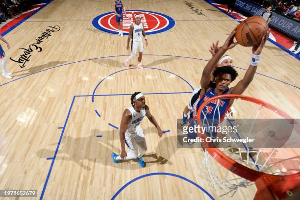 Ausar Thompson of the Detroit Pistons drives to the basket during the game against the Orlando Magic on February 4, 2024 at Little Caesars Arena in...