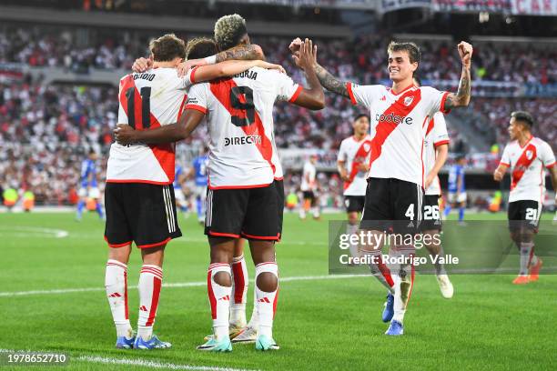 Miguel Borja of River Plate celebrates with teammates Facundo Colidio and Nicolas Fonseca after scoring the team's third goal during a Copa de la...