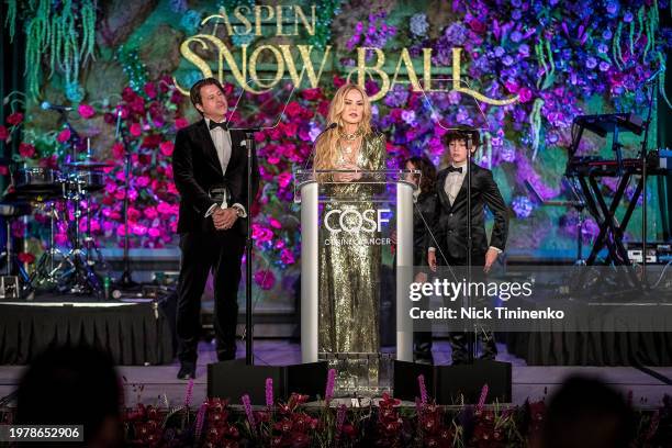 Rachel Zoe speaks onstage with Rodger Berman, Skyler Berman and Kaius Berman during the Aspen Snow Ball at The St. Regis Aspen Resort on February 03,...