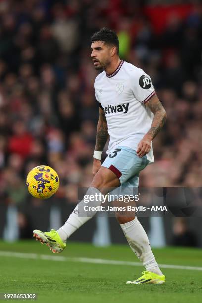 Emerson Palmieri of West Ham United during the Premier League match between Manchester United and West Ham United at Old Trafford on February 4, 2024...