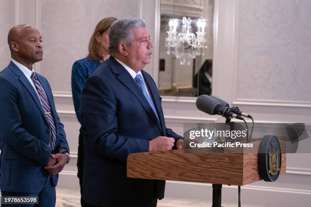 Kings County DA Eric Gonzalez speaks at Kathy Hochul press briefing after District Attorney Association of NYS winter conference at Intercontinental...