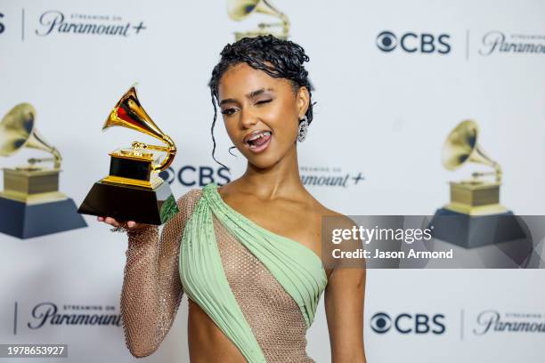 Los Angeles, CA Winner Tyla, winner of the "Best African Music Performance" award for "Water," with trophy, at the 66th Grammy Awards held at the...