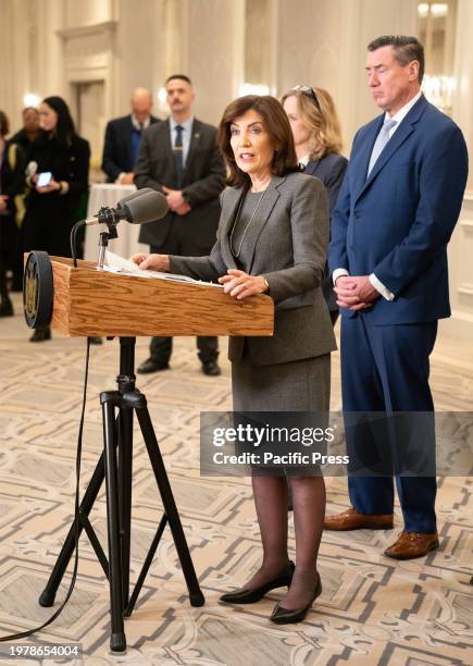 Governor Kathy Hochul speaks to press after attending the District Attorney Association of NYS winter conference at Intercontinental Barclay. Press...