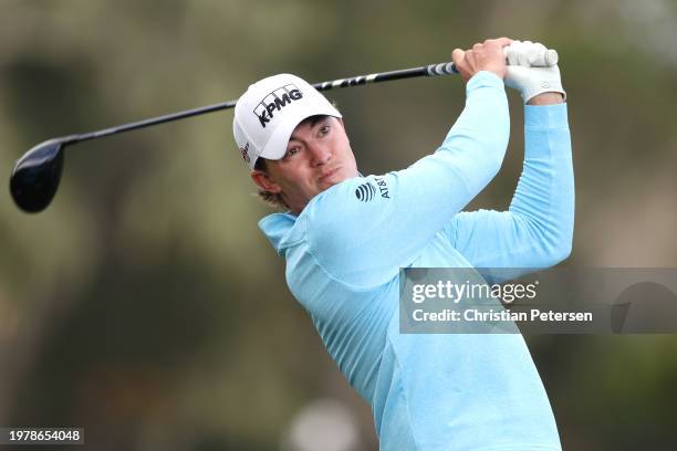 Maverick McNealy of the United States plays his shot from the second tee during the first round of the AT&T Pebble Beach Pro-Am at Pebble Beach Golf...