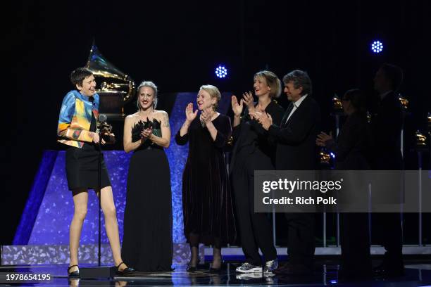 Em Cooper, Laura Thomas, Sue Loughlin, Sophie Hilton, and Jonathan Clyde accept the "Music Video" award for "I'm Only Sleeping" at the 66th Annual...