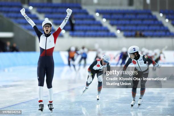 Metodej Jilek of the Czech Republic reacts as he wins the Mass Start Men Juniors Final race on day two of the ISU Junior World Cup Speed Skating at...