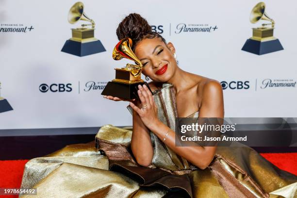 Los Angeles, CA Winner Allison Russell, winner of the "Best American Roots Performance" award for "Eve Was Black," with trophy, at the 66th Grammy...