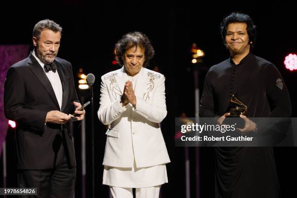 Los Angeles, CA Béla Fleck, Zakir Hussain and Rakesh Chaurasia accept the award for Contemporary Instrumental Album at the 66th Grammy Awards...