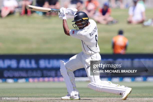 New Zealand's Rachin Ravindra bats during day two of the first cricket test match between New Zealand and South Africa at the Bay Oval in Mount...