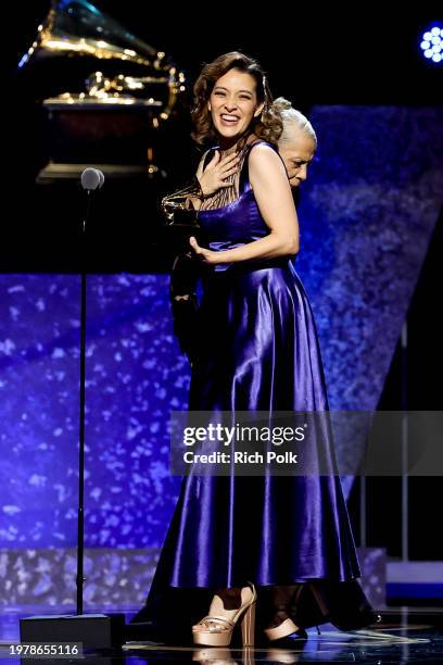 Gaby Moreno accepts the award for Best Latin Pop Album for "X Mi " from Patti Austin at the 66th Annual GRAMMY Awards Premiere Ceremony held at...