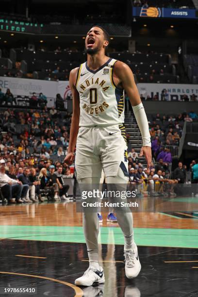 Tyrese Haliburton of the Indiana Pacers celebrates during the game against the Charlotte Hornets on February 4, 2024 at Spectrum Center in Charlotte,...