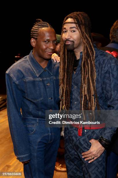 Carlos Greer and Ty Hunter attend the 8th Annual Blue Jacket Fashion Show at Moonlight Studios on February 01, 2024 in New York City.