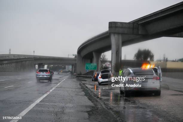 Cars commute on Highway 101 near Santa Clara as atmospheric river storms hit California, United States on February 4, 2024.