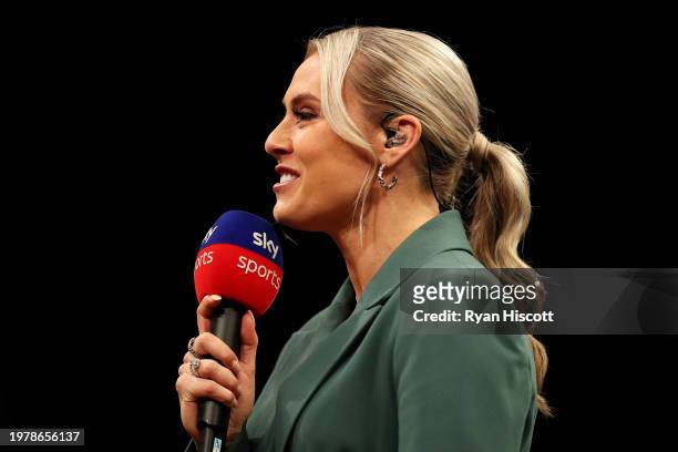 Sky Sports Emma Paton presents during the 2024 BetMGM Premier League Darts at Utilita Arena Cardiff on February 01, 2024 in Cardiff, Wales.