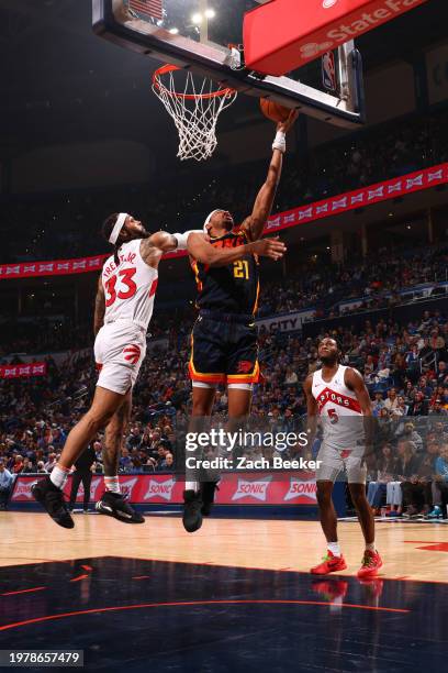 Aaron Wiggins of the Oklahoma City Thunder goes to the basket during the game on February 4, 2024 at Paycom Arena in Oklahoma City, Oklahoma. NOTE TO...