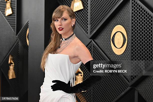 Singer-songwriter Taylor Swift arrives for the 66th Annual Grammy Awards at the Crypto.com Arena in Los Angeles on February 4, 2024.