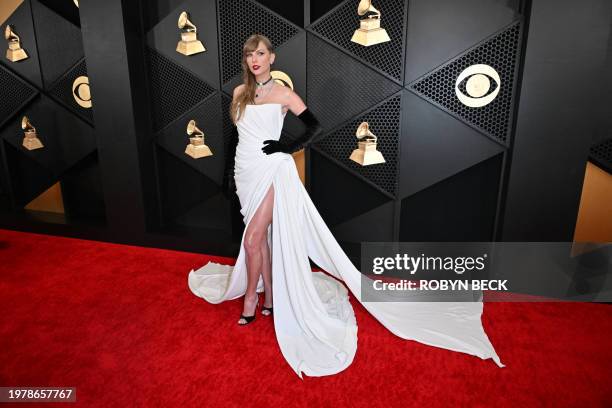 Singer-songwriter Taylor Swift arrives for the 66th Annual Grammy Awards at the Crypto.com Arena in Los Angeles on February 4, 2024.