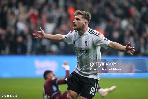 Semih Kilicsoy of Besiktas celebrates after scoring his team's second goal during the Turkish Super League match between Besiktas and Trabzonspor at...