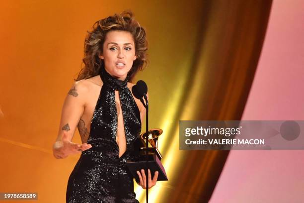 Singer-songwriter Miley Cyrus accepts the Best Pop Solo Performance award for "Flowers" on stage during the 66th Annual Grammy Awards at the...
