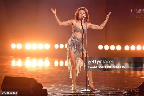 Singer-songwriter Miley Cyrus performs on stage during the 66th Annual Grammy Awards at the Crypto.com Arena in Los Angeles on February 4, 2024.