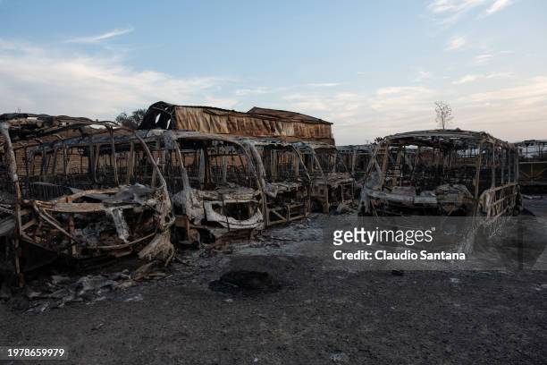 Burnt buses by fires at a station in El Olivar on February 4, 2024 in Vina del Mar, Chile. President Gabriel Boric declared state of emergency as...