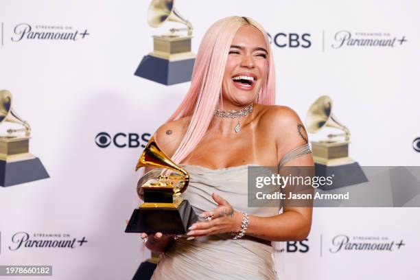 Los Angeles, CA Winner Karol G, for "Mañana Será Bonito," with trophy, at the 66th Grammy Awards held at the Crypto.com Arena in Los Angeles, CA,...