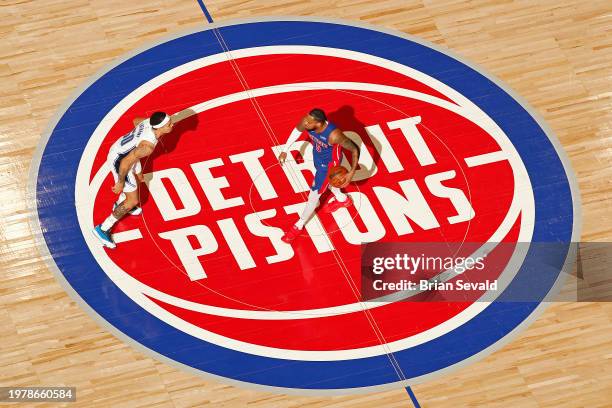 Monte Morris of the Detroit Pistons brings the ball up court during the game against the Orlando Magic on February 4, 2024 at Little Caesars Arena in...