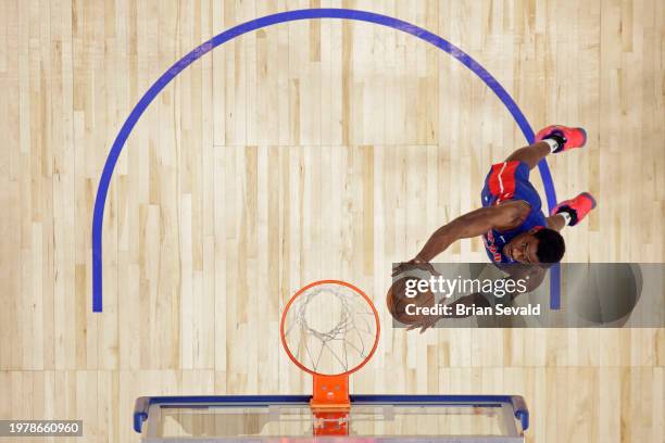 Jalen Duren of the Detroit Pistons rebounds during the game against the Orlando Magic on February 4, 2024 at Little Caesars Arena in Detroit,...