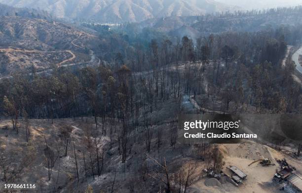 Aerial view of burt trees at Villa El Olivar after the forest fires on February 4, 2024 in Vina del Mar, Chile. President Gabriel Boric declared...