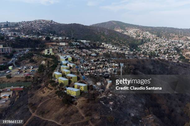 Aerial view of destroyed houses at Villa El Olivar after the forest fires on February 4, 2024 in Vina del Mar, Chile. President Gabriel Boric...