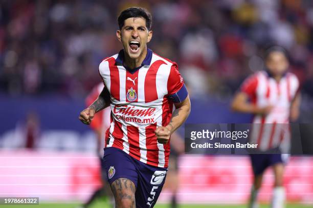 Victor Guzman of Chivas celebrates after scoring the team's second goal during the 5th round match between Atletico San Luis and Chivas as part of...