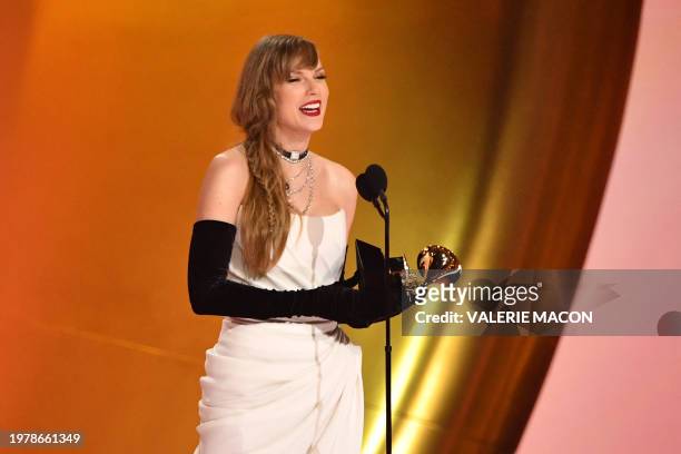 Singer-songwriter Taylor Swift accepts the Best Pop Vocal Album award for "Midnights" on stage during the 66th Annual Grammy Awards at the Crypto.com...