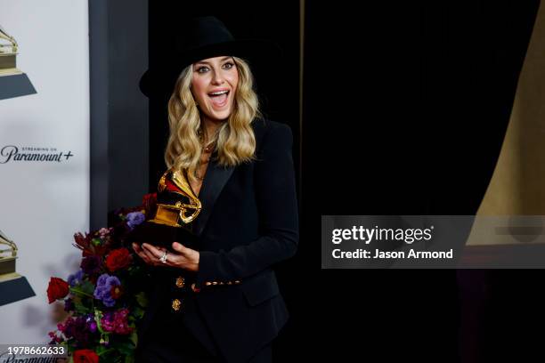 Los Angeles, CA Winner Lainey Wilson for "Bell Bottom Country," with trophy, at the 66th Grammy Awards held at the Crypto.com Arena in Los Angeles,...