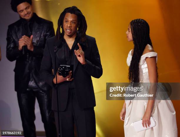 Los Angeles, CA Trevor Noah, Jay-Z and Blue Ivy Carter at the 66th Grammy Awards held at the Crypto.com Arena in Los Angeles, CA, Sunday, Feb. 4,...