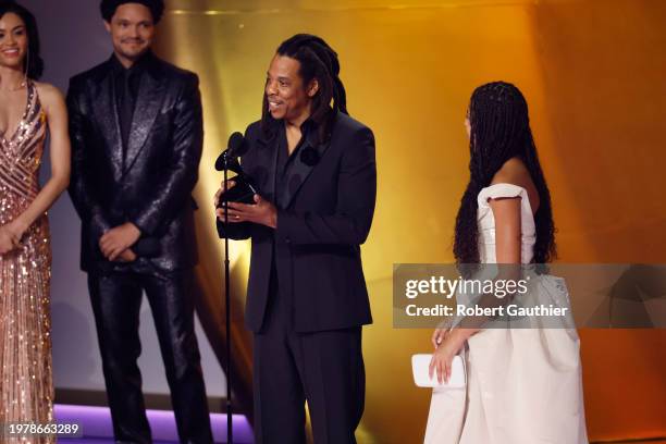 Los Angeles, CA Trevor Noah, Jay-Z and Blue Ivy Carter at the 66th Grammy Awards held at the Crypto.com Arena in Los Angeles, CA, Sunday, Feb. 4,...